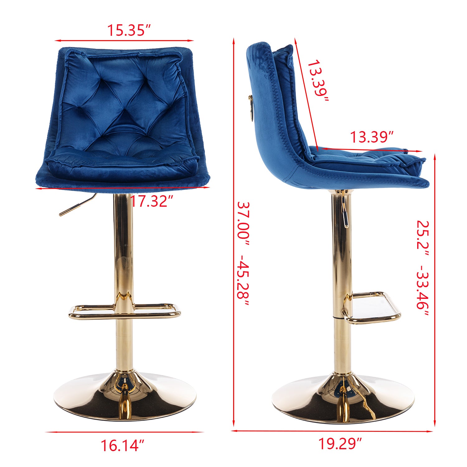 Set of 2 Bar Stools — Chrome Footrest, Swivel Height-Adjustable Velvet Seat, Golden Legs