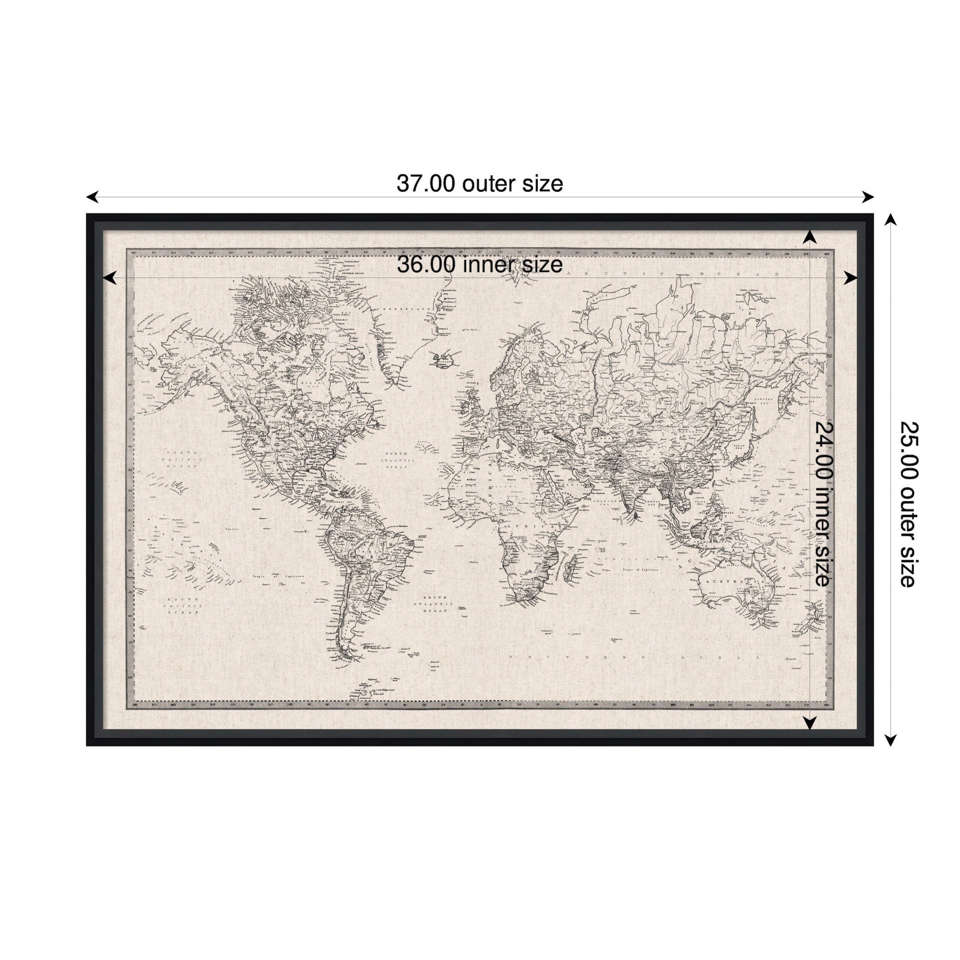 Framed Fabric Pinboard Vintage Black and White Linen World Map Wall Organization