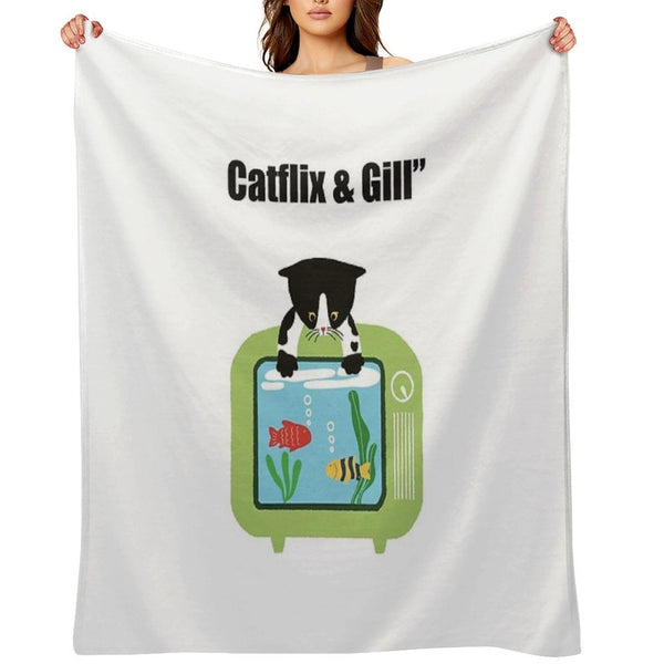 Catflix & Gill Funny Cat And Fish TV Design Premium Throw Blanket