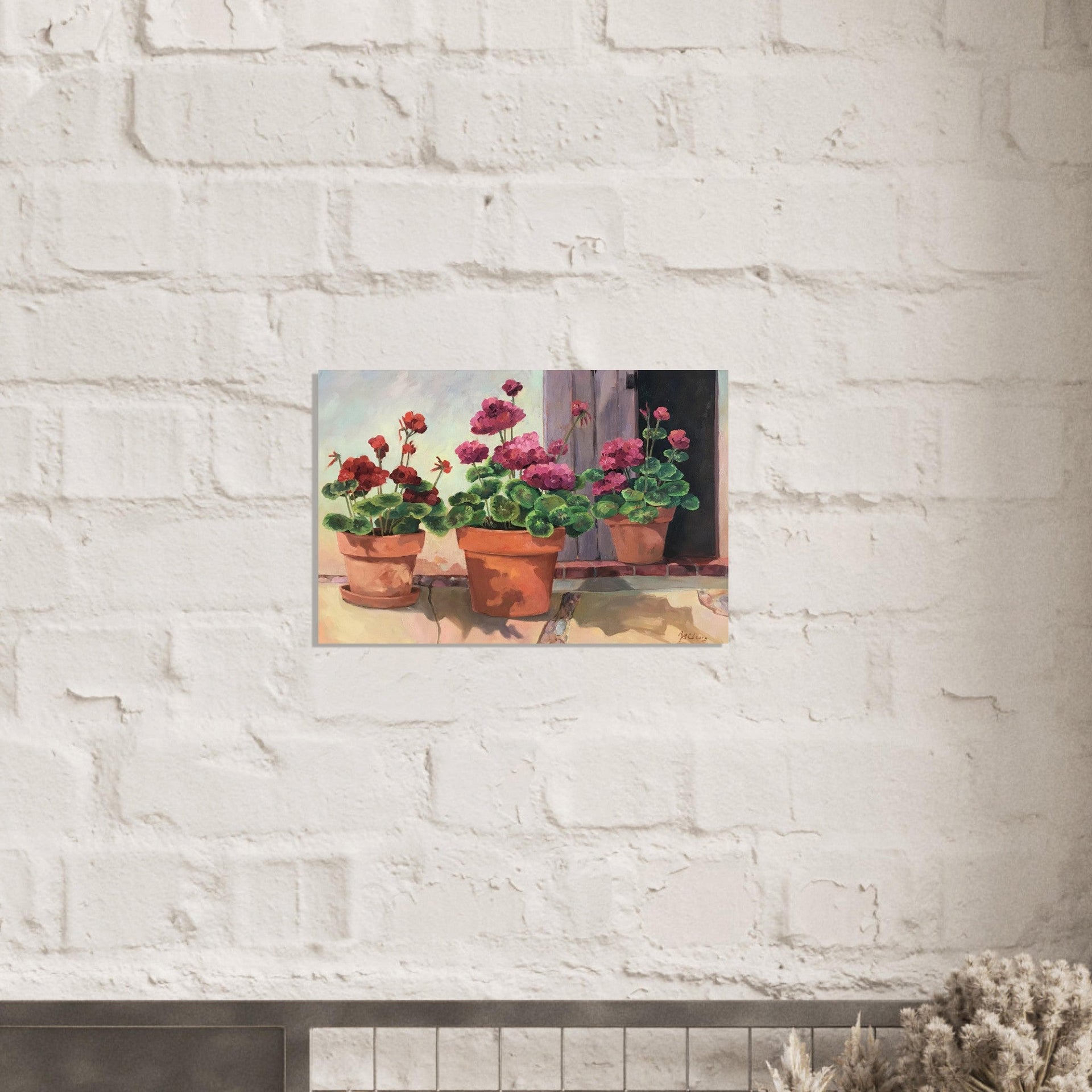 'Potted Red Geraniums Series 2' Floral I 16x24 Museum-Quality Matte Paper Poster I Original Artwork by American Artist Barbara Cleary
