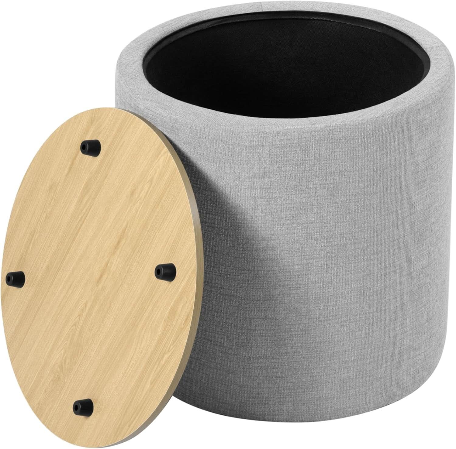 Storage Ottoman 18 Inch Wood Top Gray Textured Fabric