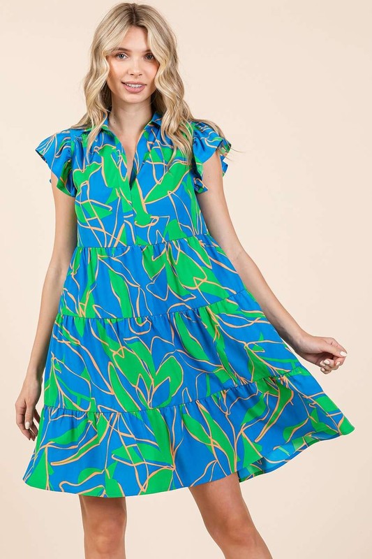 New Summer Leaf Print Ruffle Sleeve Tiered Mini Dress – Fluttering, Fresh and Playful Leaf Pattern with Feminine Ruffle Sleeves