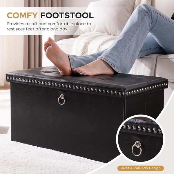 Faux Leather Folding Storage Ottoman 30 Inch Size Black