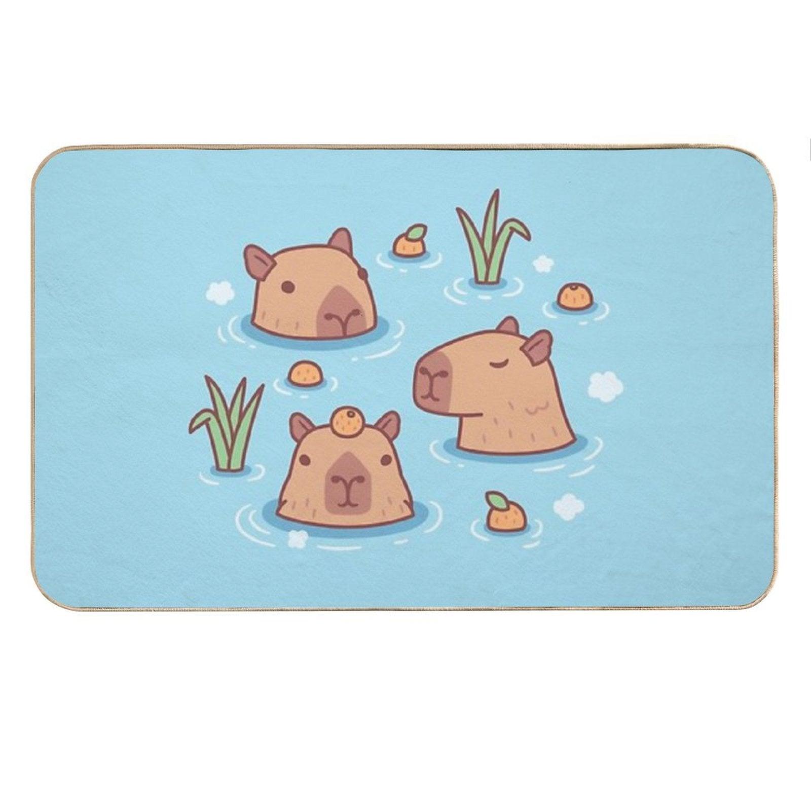 Cute Capybaras Chilling in Hot Spring With Oranges Bath Mat