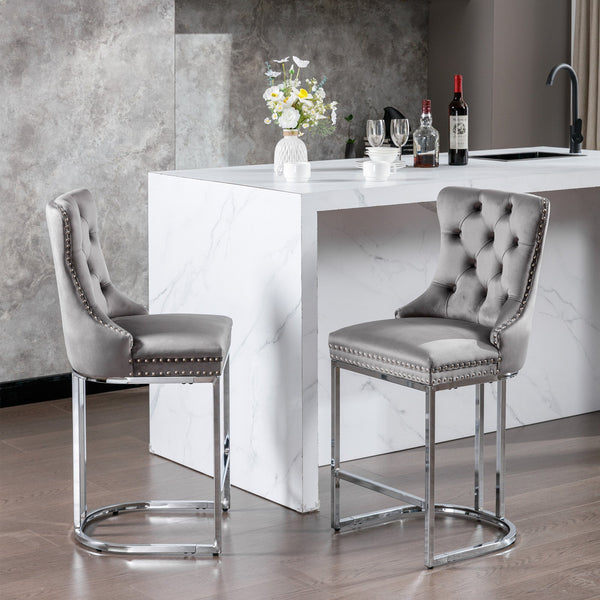 Counter Height Velvet Bar Stools with Button Back & Rivet Trim Upholstered Seats