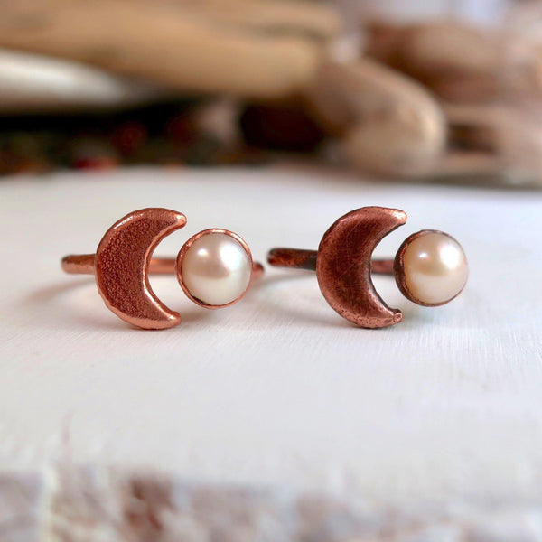 Copper Pearl Moon Open Ring Grounded Grace Calm | By Blackbird & Sage
