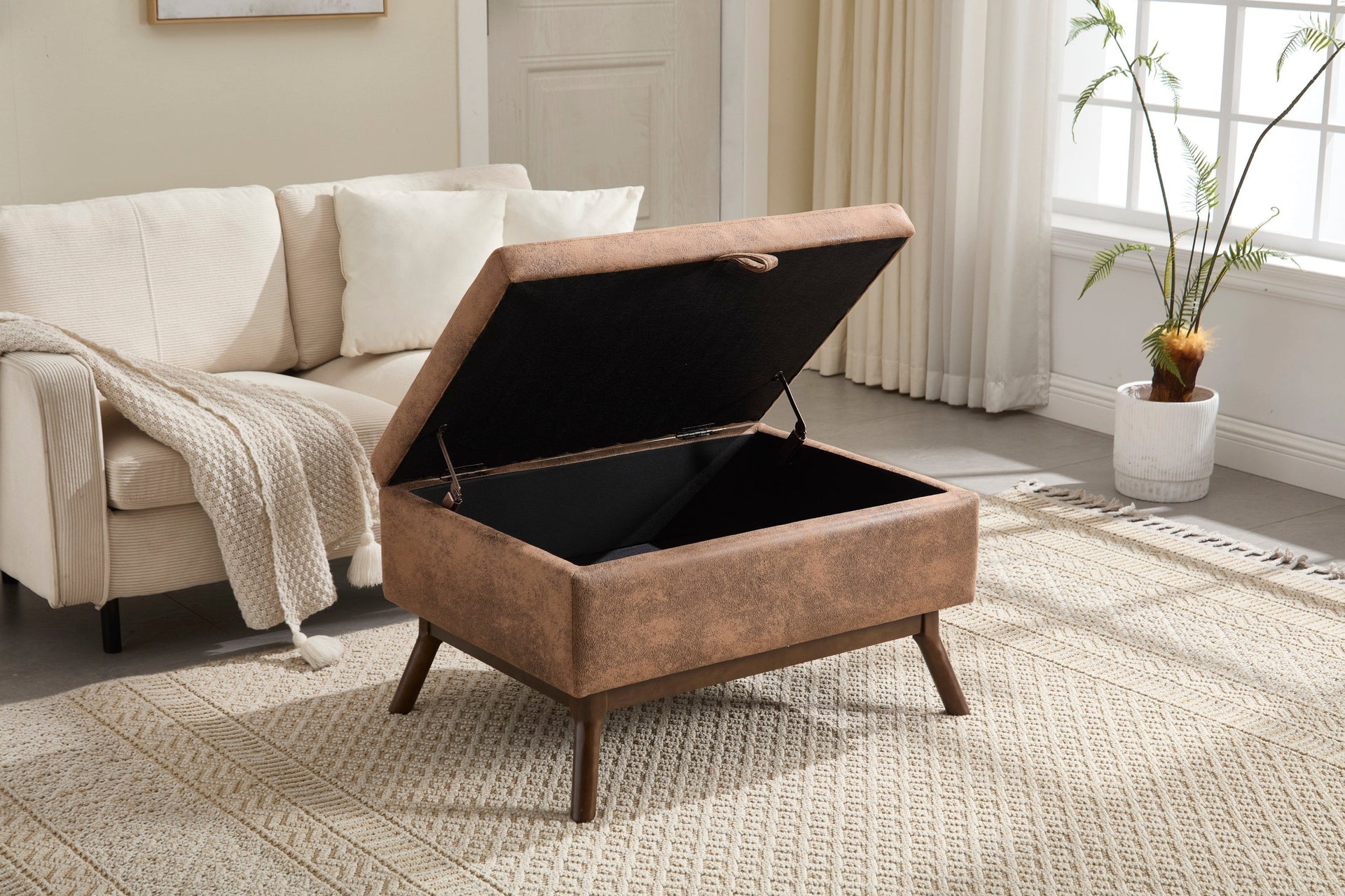 Mid-century modern square coffee table storage bench, assembled, suitable for living room, entryway and family room, used as a coffee table, stirrups, shoe bench