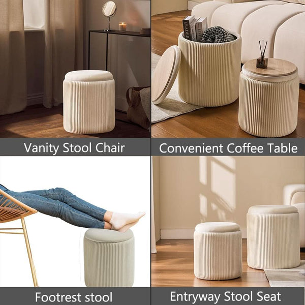 White Storage Ottoman Round Velvet Upholstered Set