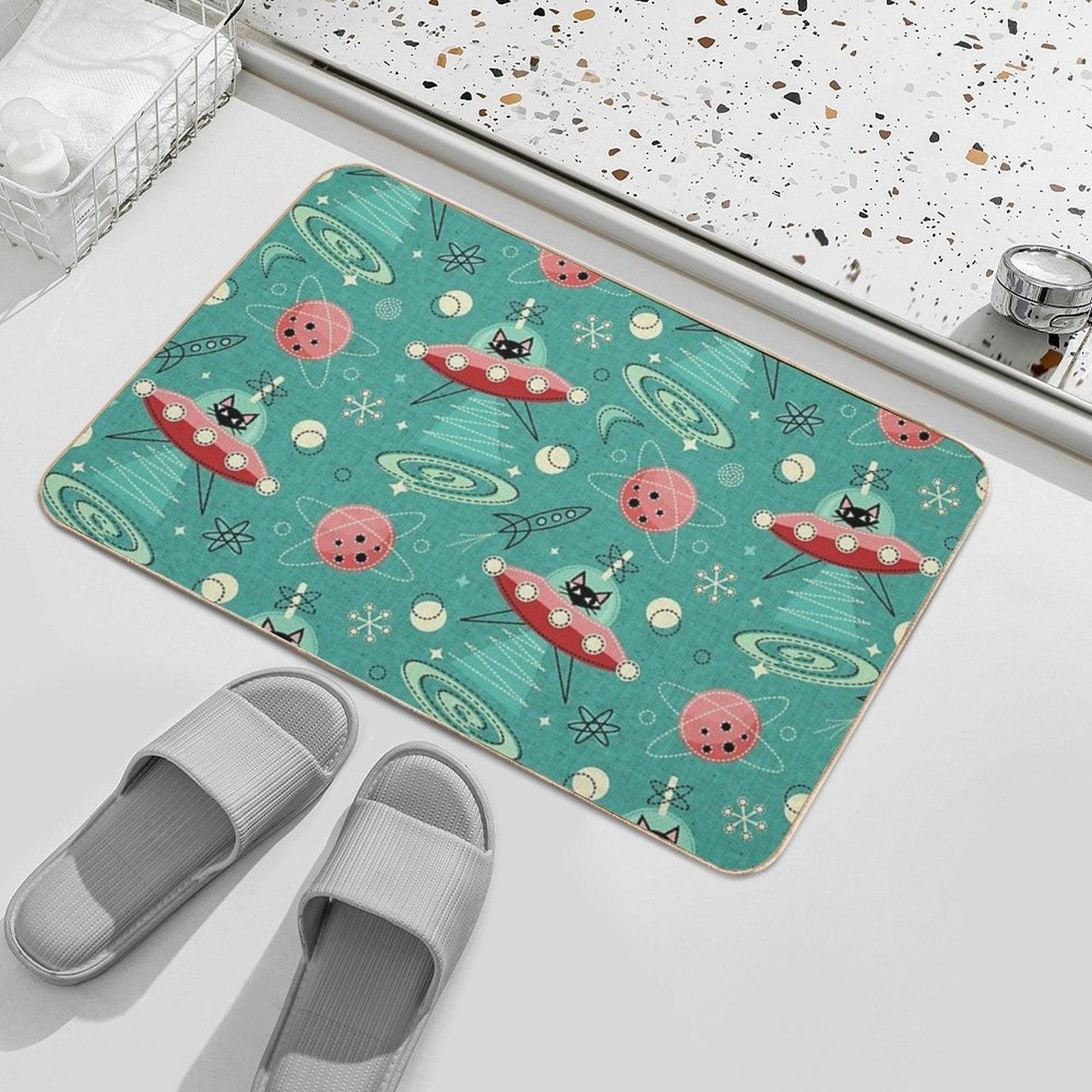 My Kitty Drives A UFO  Atomic Space Cat ©studioxtine Bath Mat