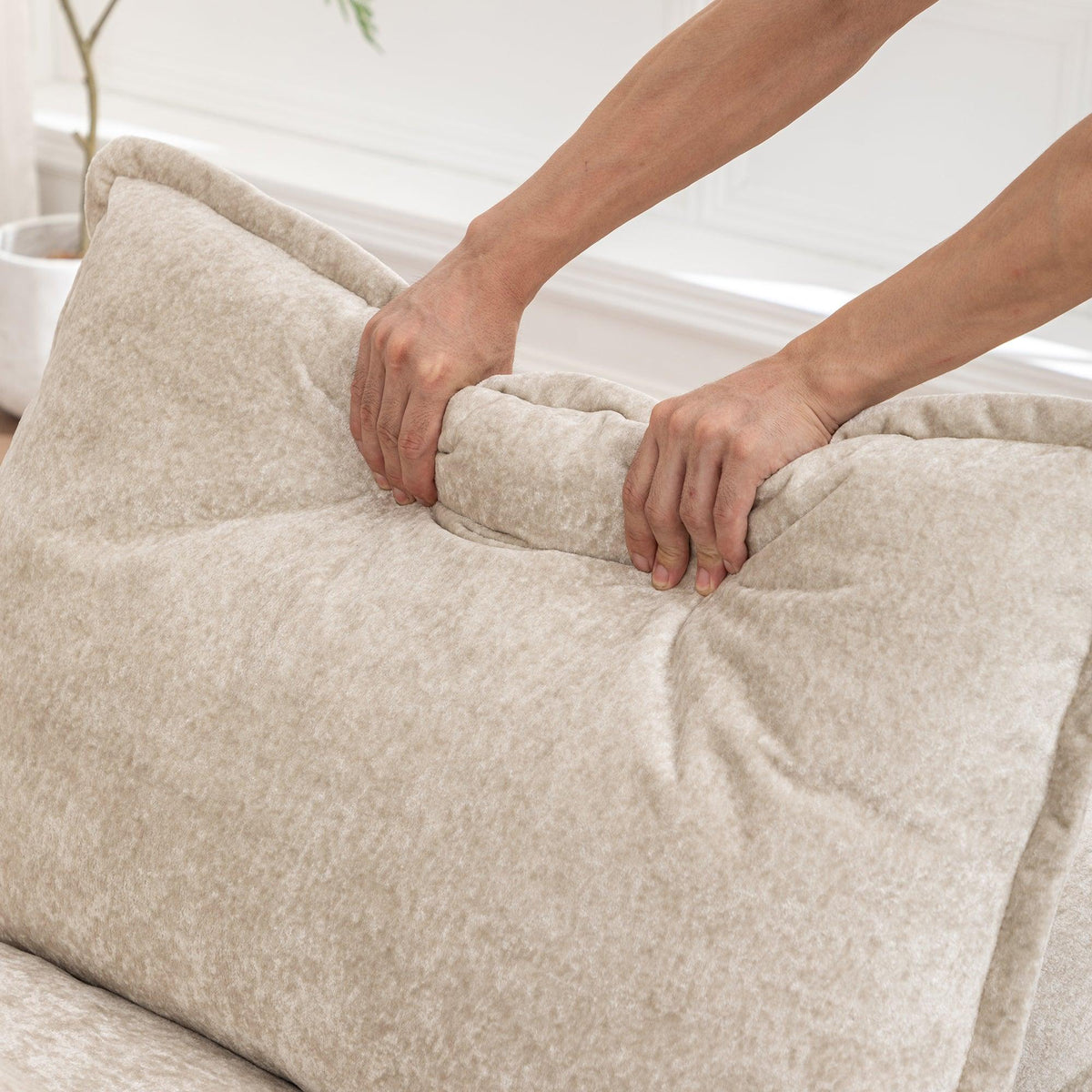 Ivory Chenille L‑Shaped Modular Sectional Compressed Sofa