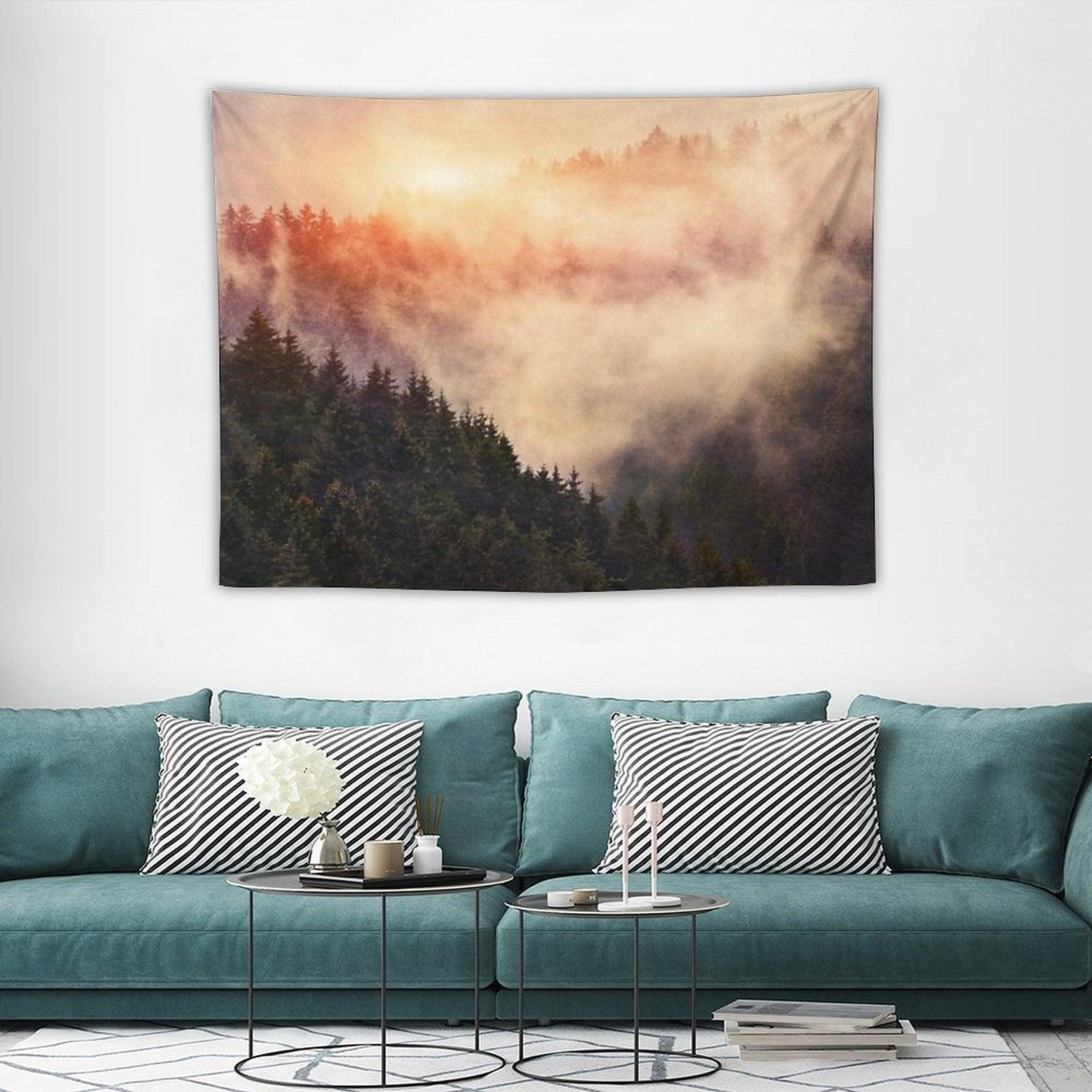 In My Other World  Sunrise In A Romantic Misty Foggy Autumn Fairytale Wilderness Forest With Trees Covered In Fog And Sunlight Tapestry