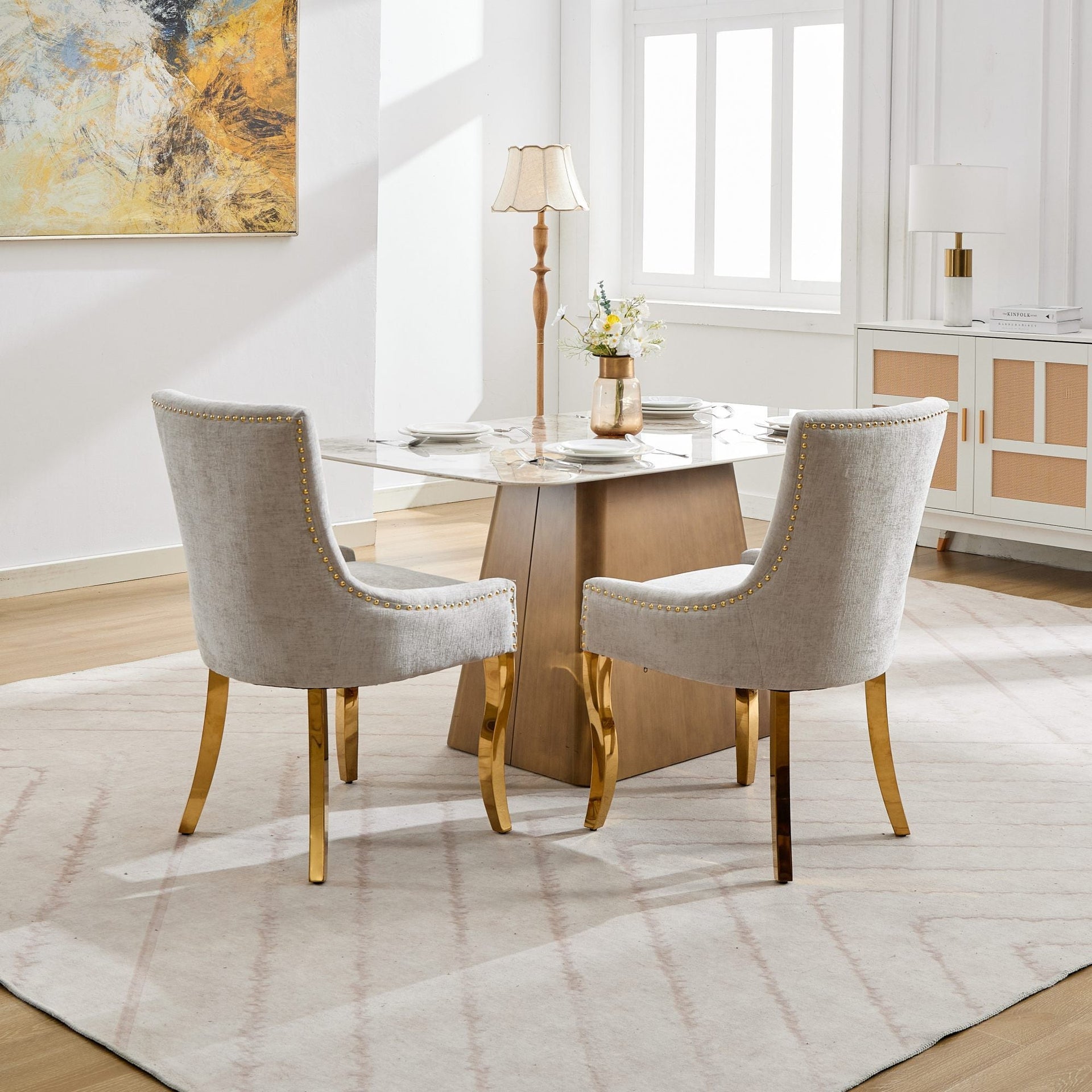 Chenille Dining Chairs Modern Style with Curved Gold-Plated Legs & Rivet Trim