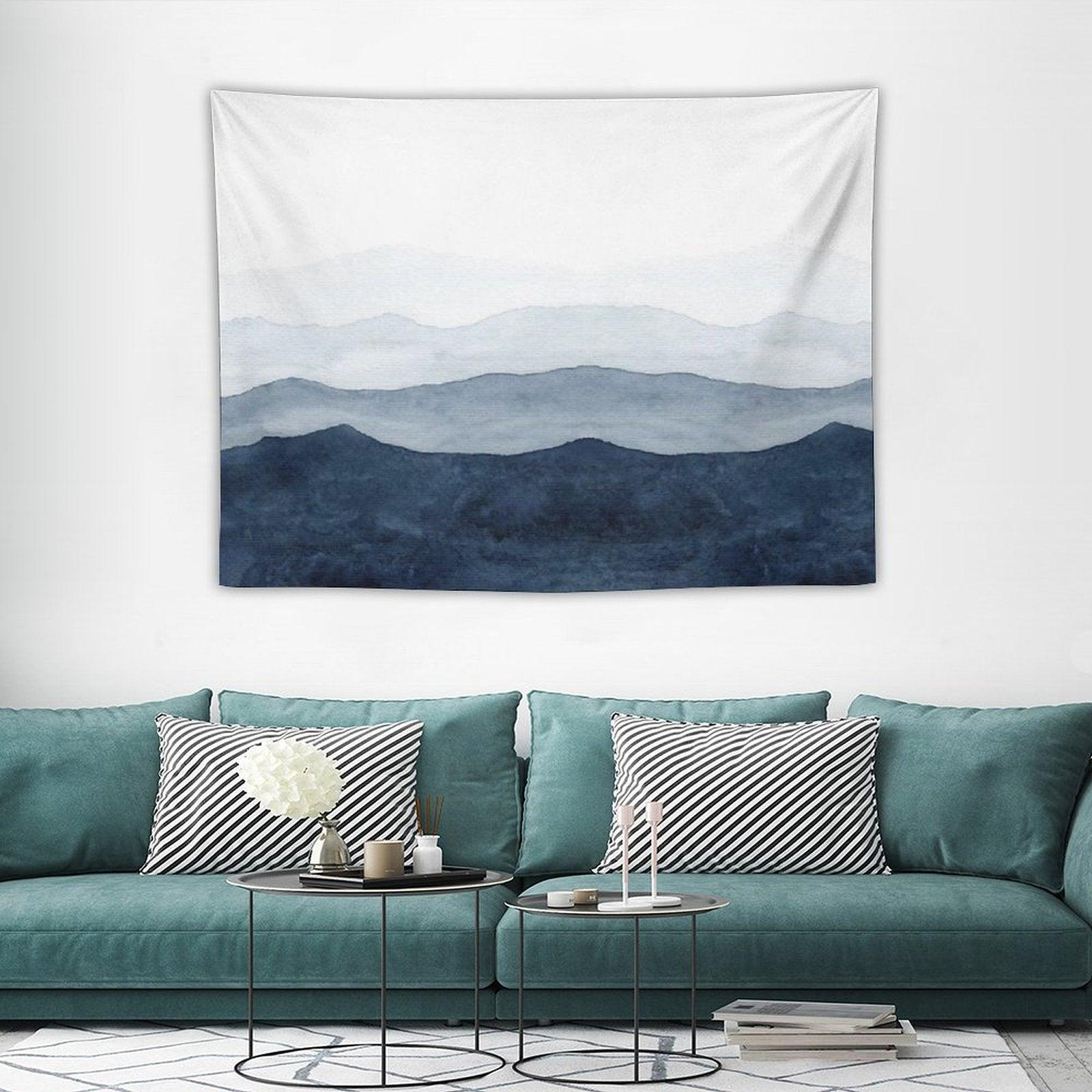 Mountains Ombre  Indigo Abstract Watercolor Tapestry