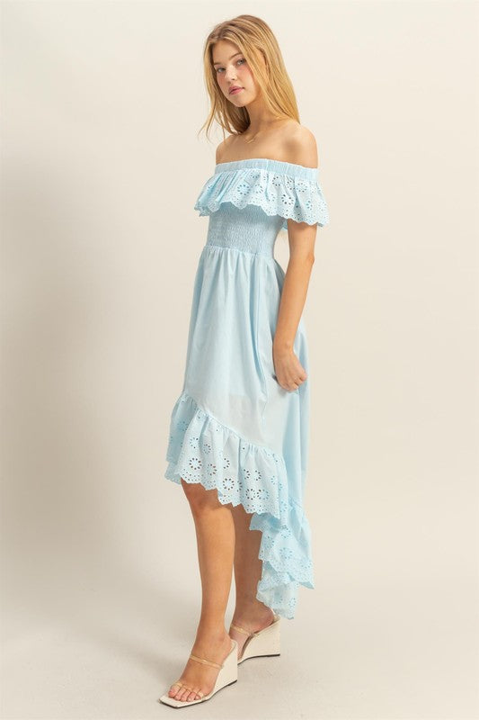 High-Low Eyelet Ruffled Off-Shoulder Dress For Summer – Fluttering, Flirty and Feminine Off-Shoulder Dress with Eyelet Detailing and High-Low Hem