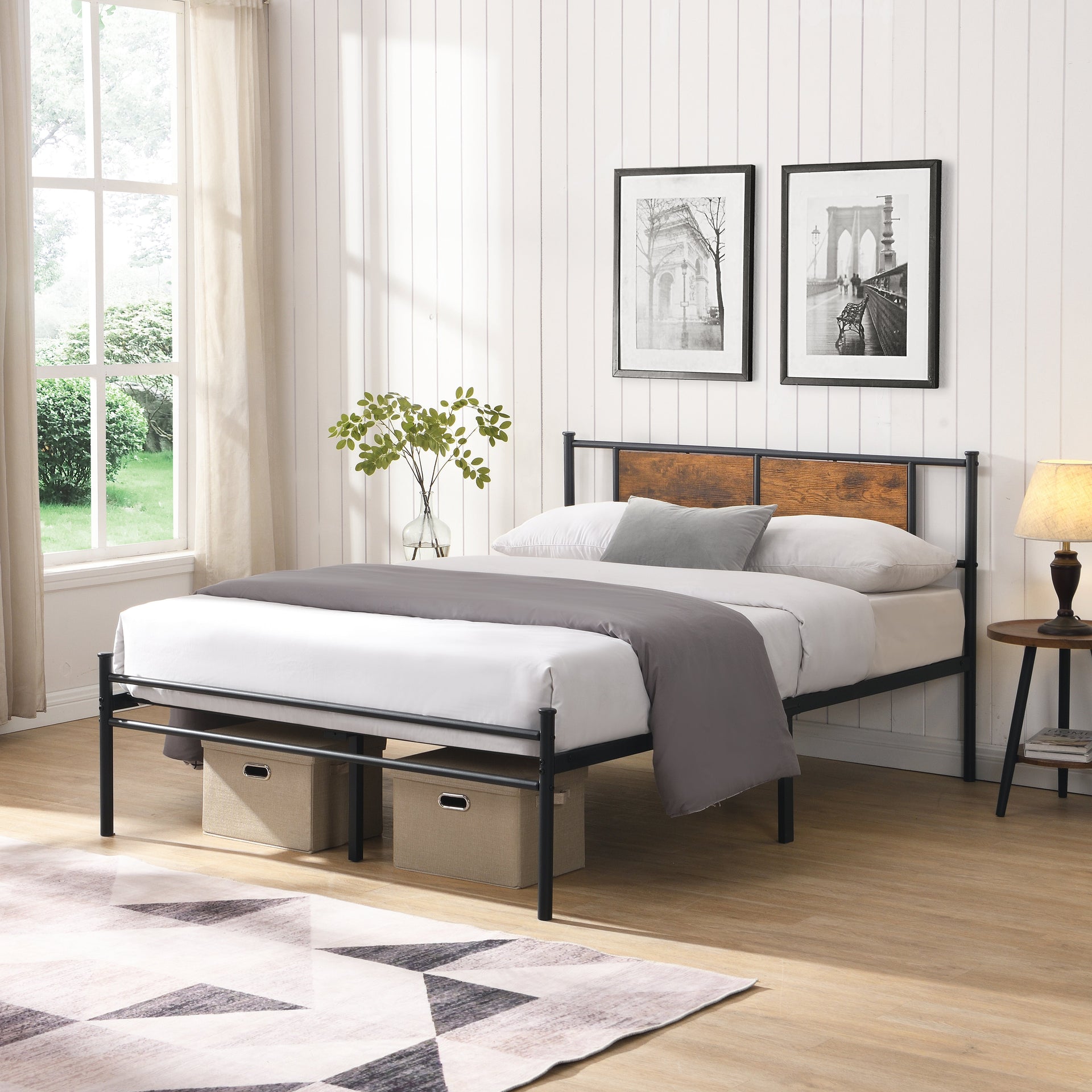 California King Bed Frame with Wood Panel Decoration