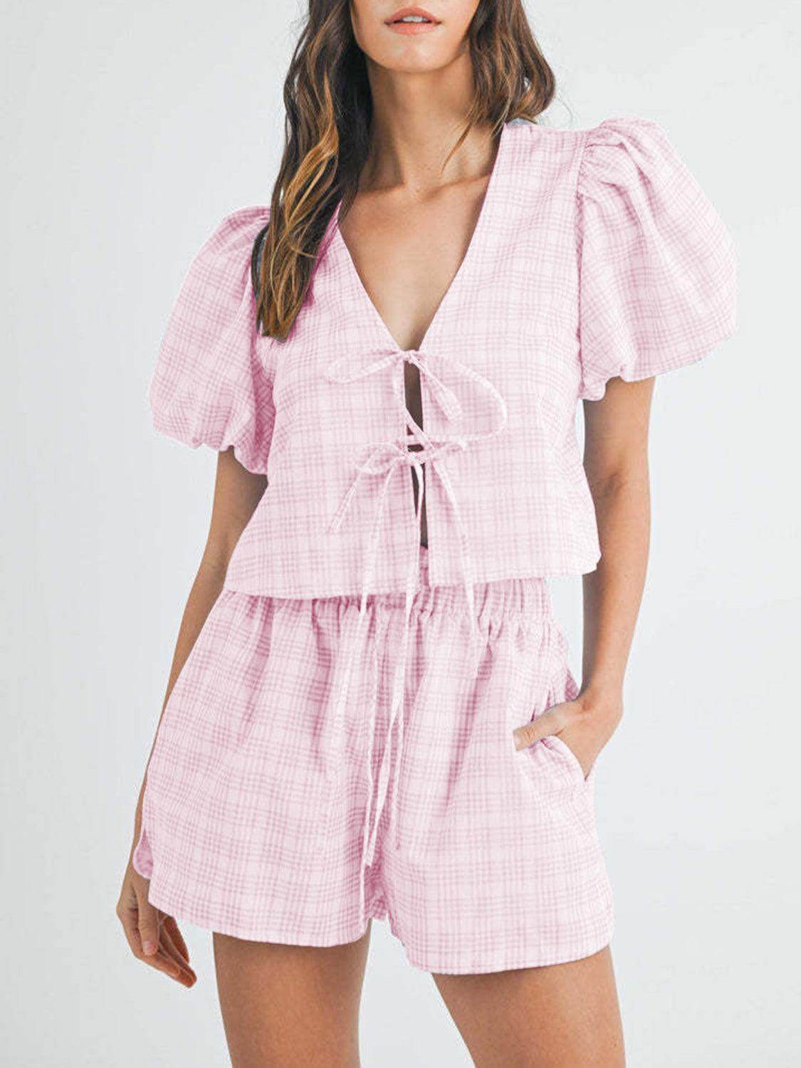 V-Neck Puff Sleeve Top and Shorts Set for Women Fashion