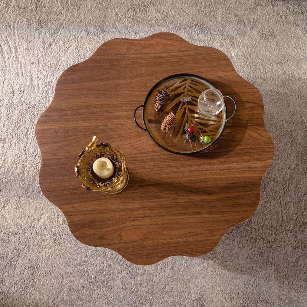 Round Walnut Scalloped Coffee Table