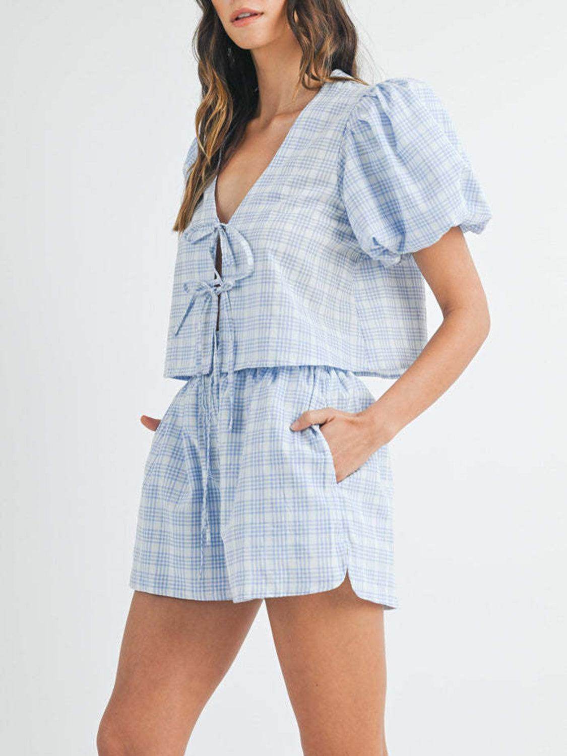 V-Neck Puff Sleeve Top and Shorts Set for Women Fashion