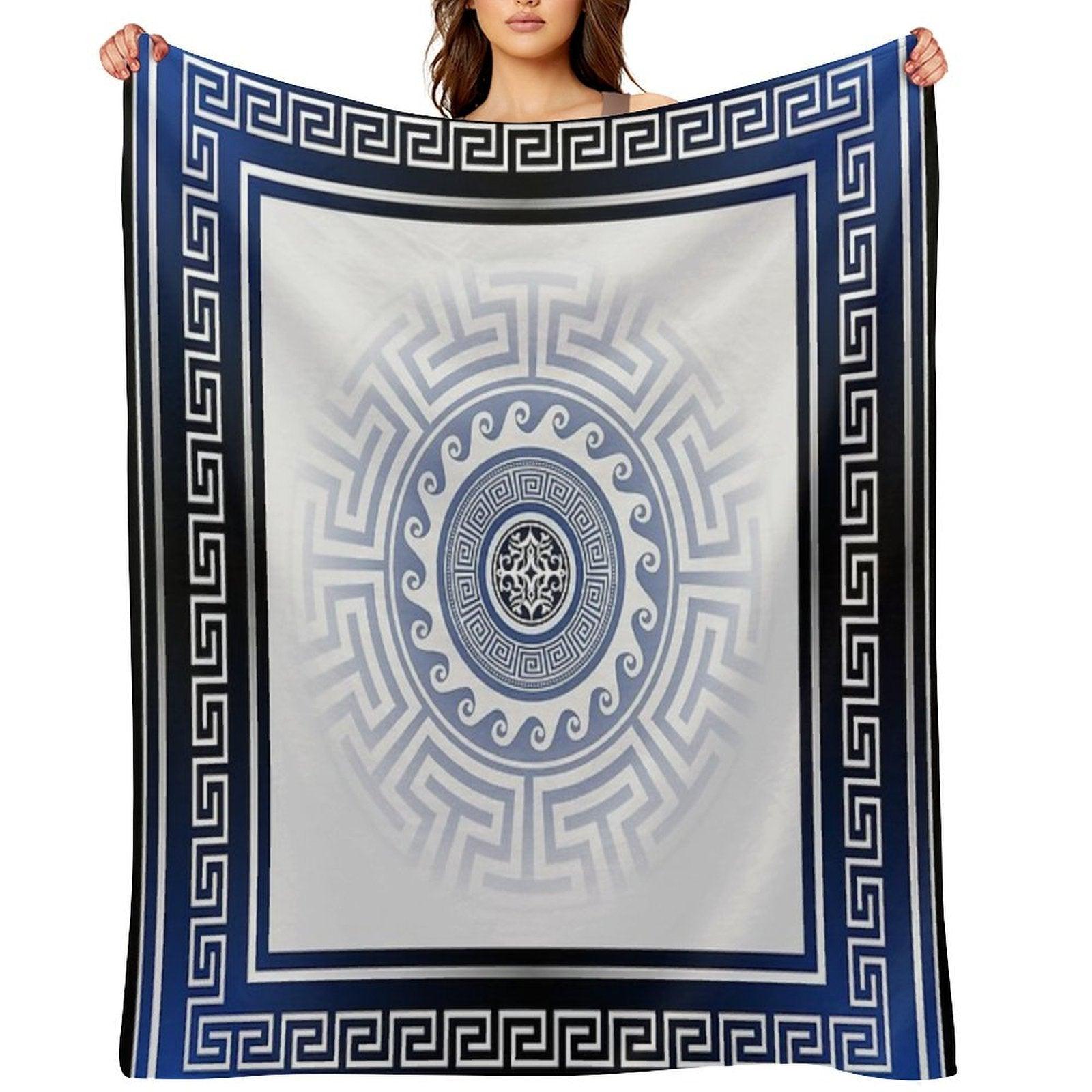Greek Key Meander Blue White Silver Throw Blanket