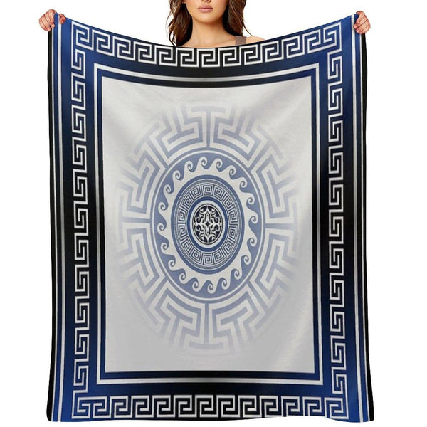 Greek Key Meander Blue White Silver Throw Blanket