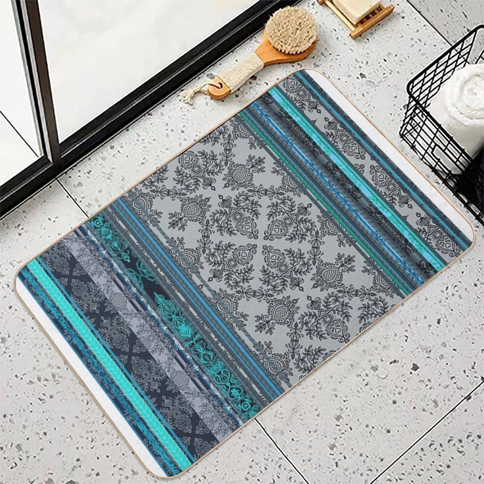 Teal, Aqua & Grey Vintage Bohemian Wallpaper Bath Mat