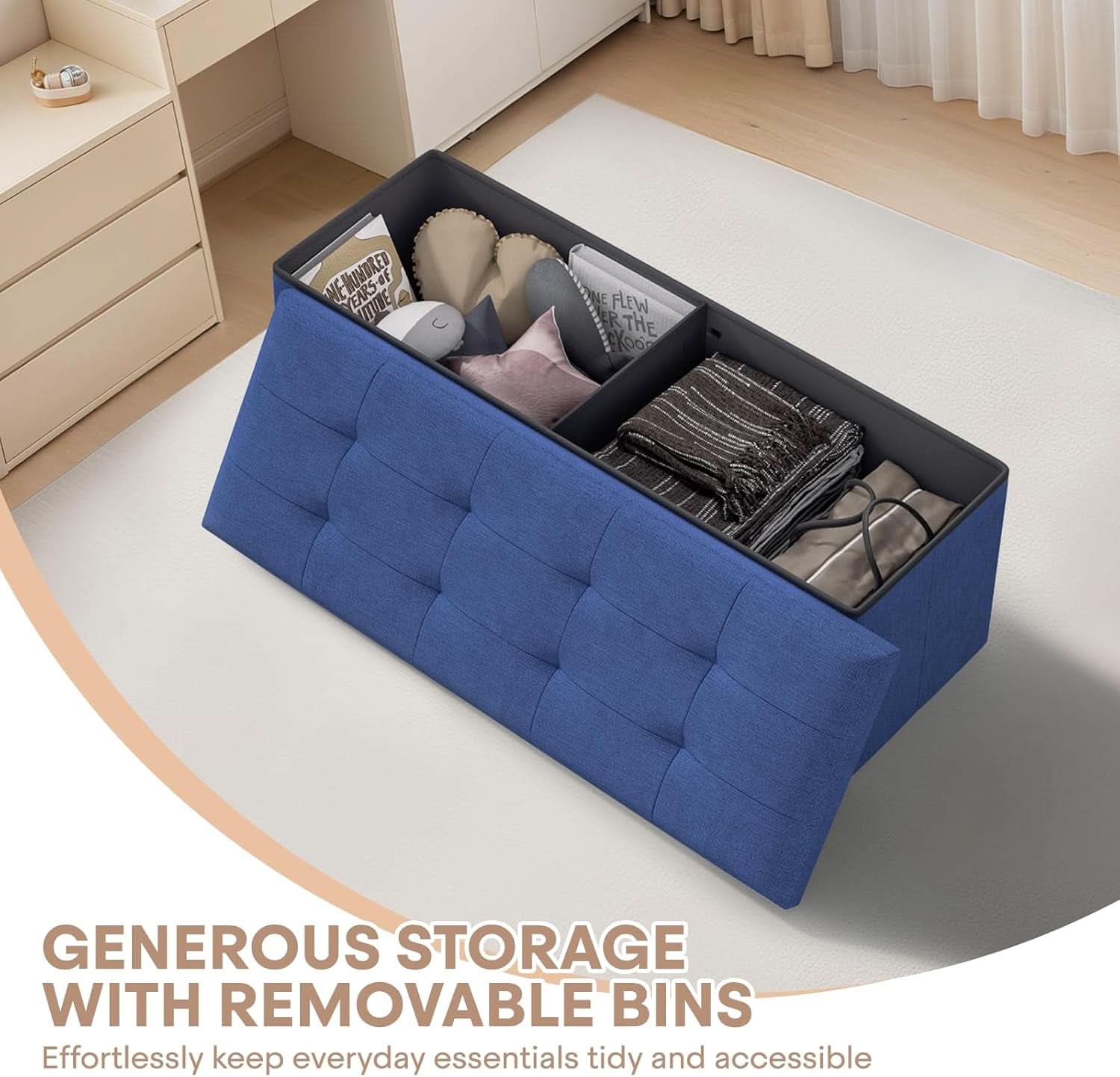 Navy Blue Folding Storage Ottoman Organizer 43Inch