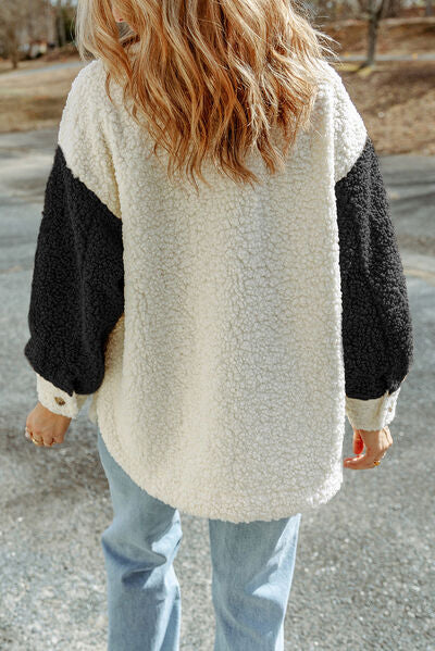 Women Cute Sherpa Jacket with Button Closure and Collared Neck in Elegant Retro Style