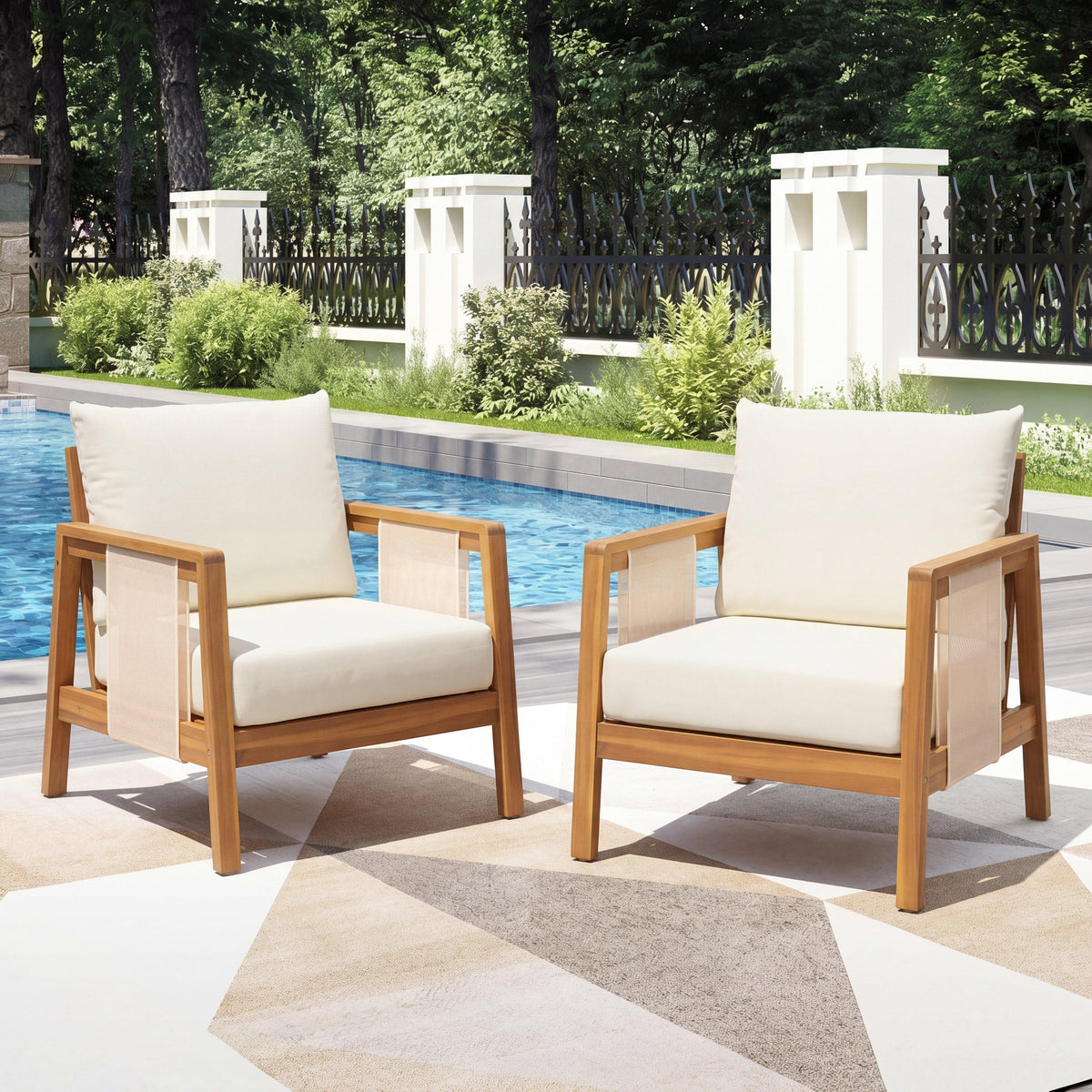 Outdoor Club Chair Set of 2 with Acacia Wood Frame in Teak Look