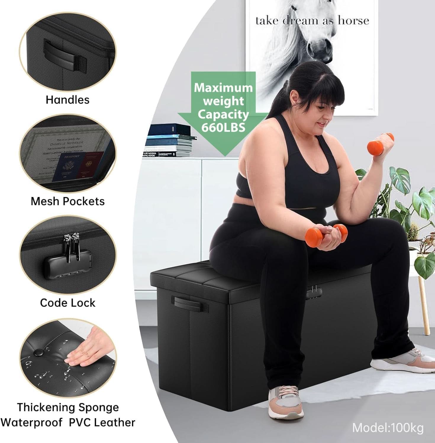 Storage Ottoman Bench 30 Inches Black Storage Lock Pro
