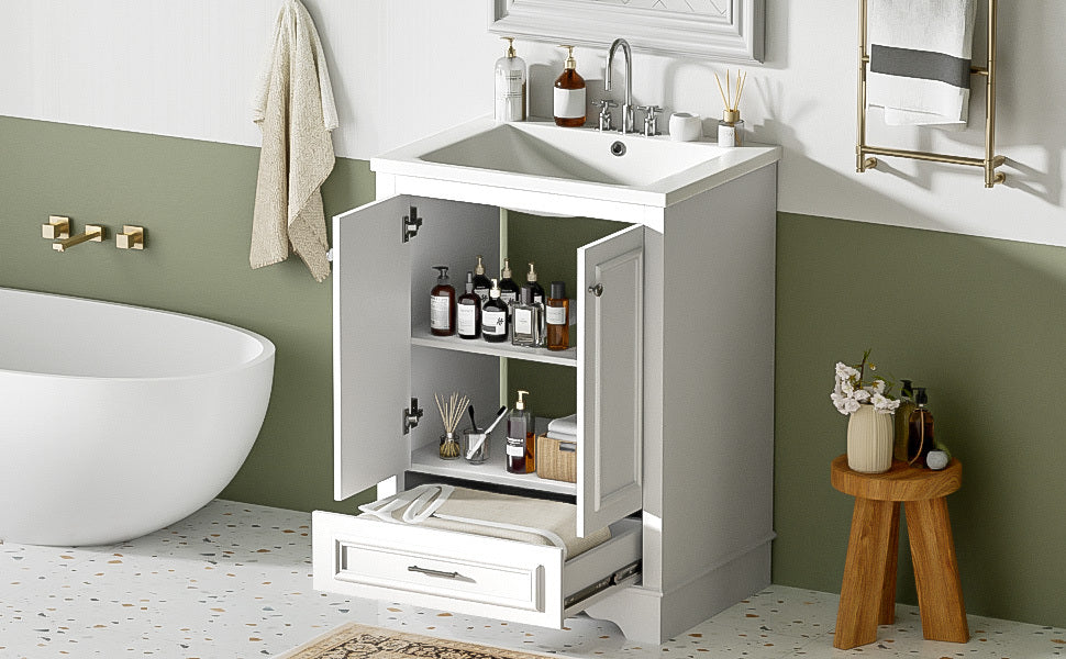 Bathroom Vanity with Ceramic Sink and Modern Freestanding Storage Cabinet, Soft-Close Doors