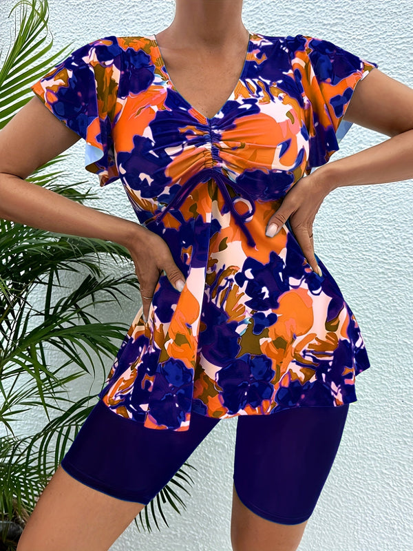 Bikini Floral Print Bandeau V Neck 2 Piece Swimsuit for Women – Stretchy Vacation Bikini Set with Soft Polyamide Fabric – Stylish Summer Swimwear for Beach Holidays Pool Lounging and Resort Getaways