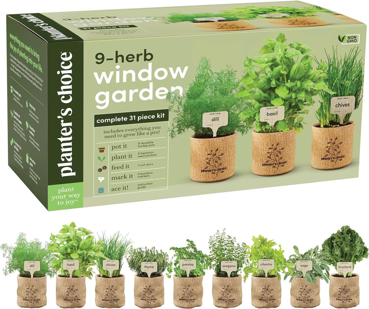 9 Herb Window Garden – Indoor Herb Garden Kit with Reusable Pots & Bamboo Markers