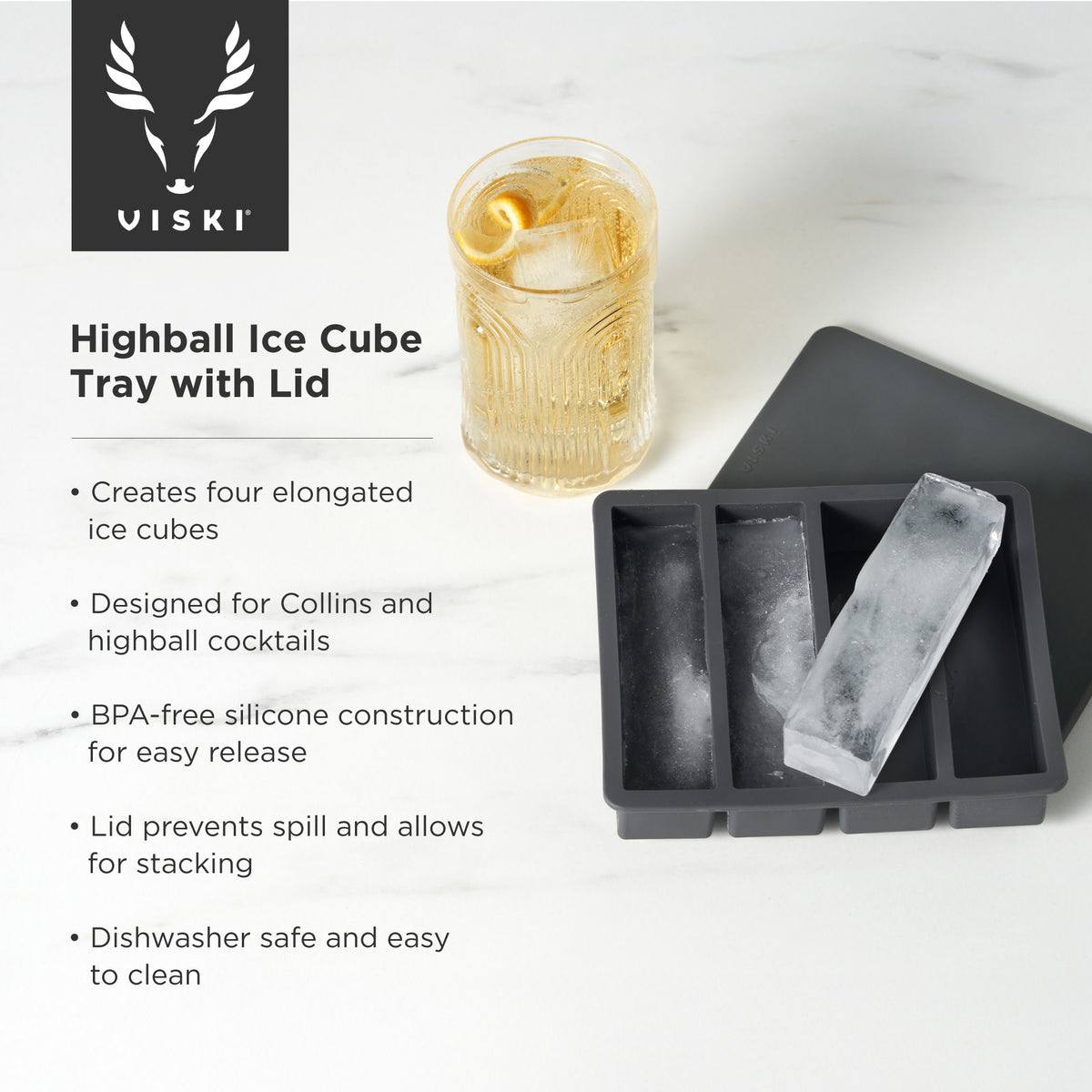 Glacier Highball Ice Cube Tray with Lid in Grey