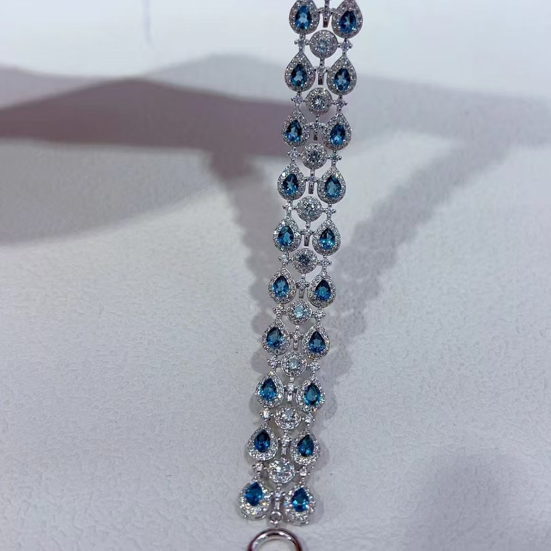 London Blue Topaz Jewelry 925 Silver With 3 Rows Gemstone Bracelet OT Clasp Adjustable