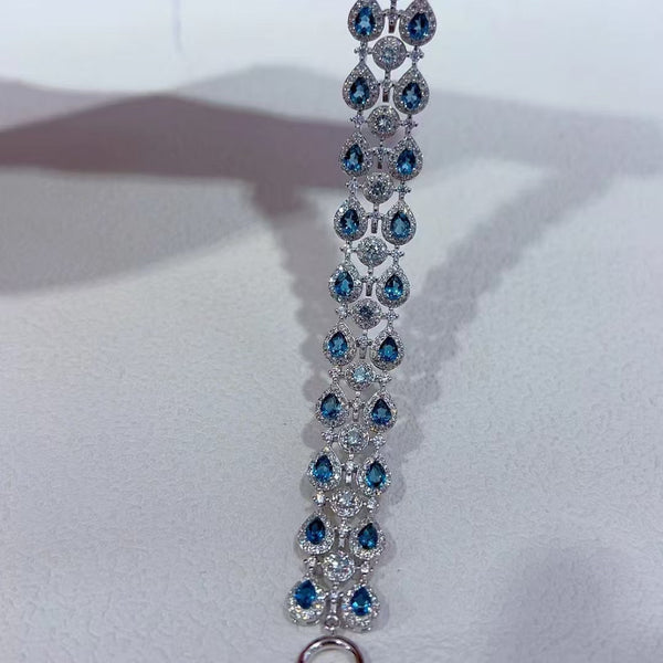 London Blue Topaz Jewelry 925 Silver With 3 Rows Gemstone Bracelet OT Clasp Adjustable