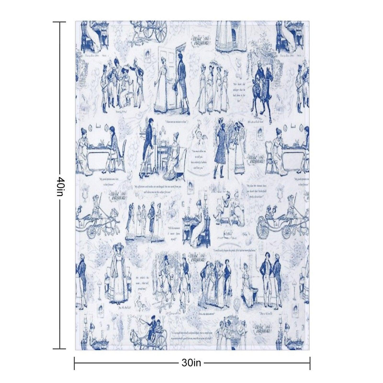 Pride And Prejudice Blue Toile Illustrations Quotes Pattern Throw Blanket