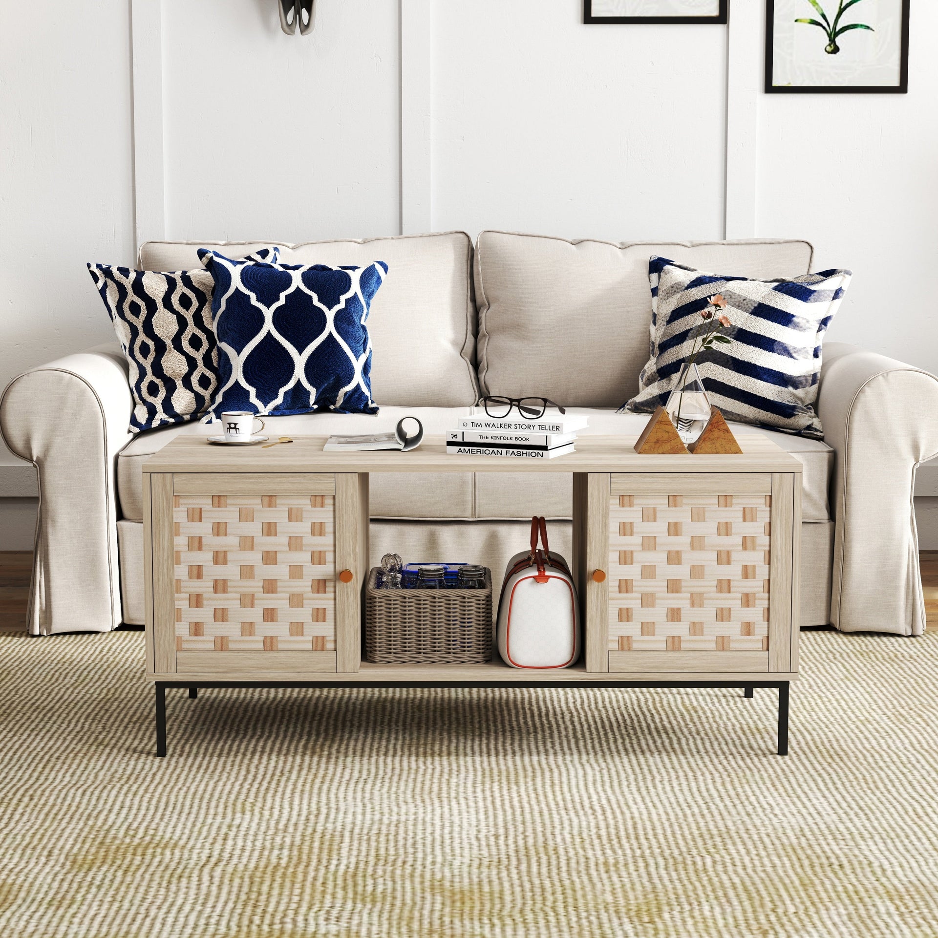 Elegant Veener Weaving Design Coffee Table with 4 Sliding Door BLAKHOM