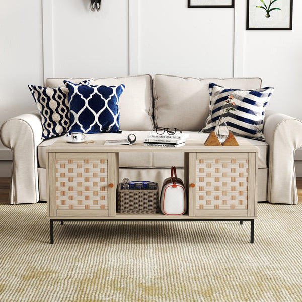 Elegant Veener Weaving Design Coffee Table with 4 Sliding Door BLAKHOM