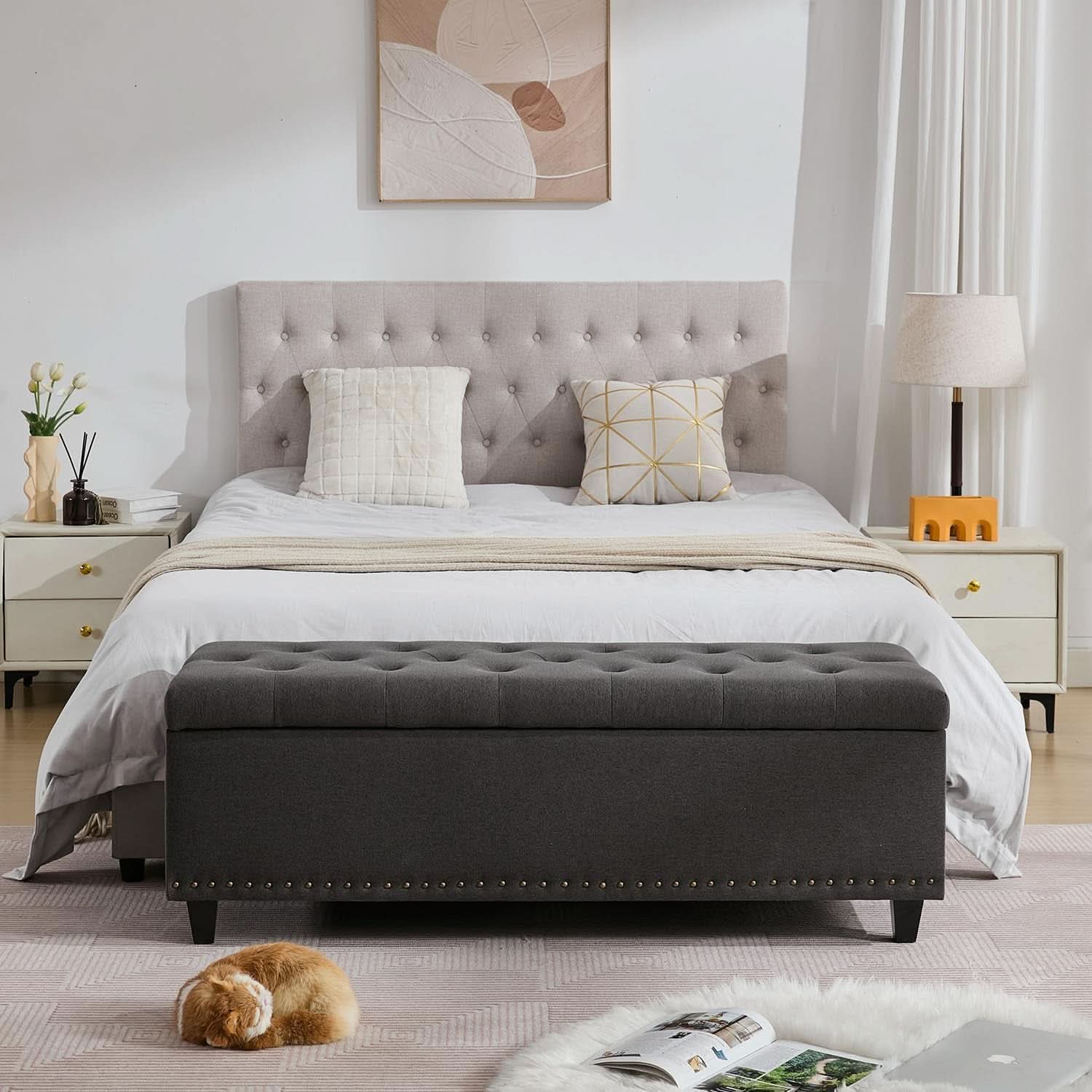 50.8 Inches Gray Upholstered Storage Ottoman Bench