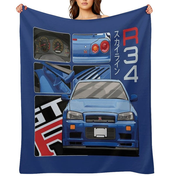 Skyline GTR R34 Blue Drawing Vector Travel-friendly Throw Blanket
