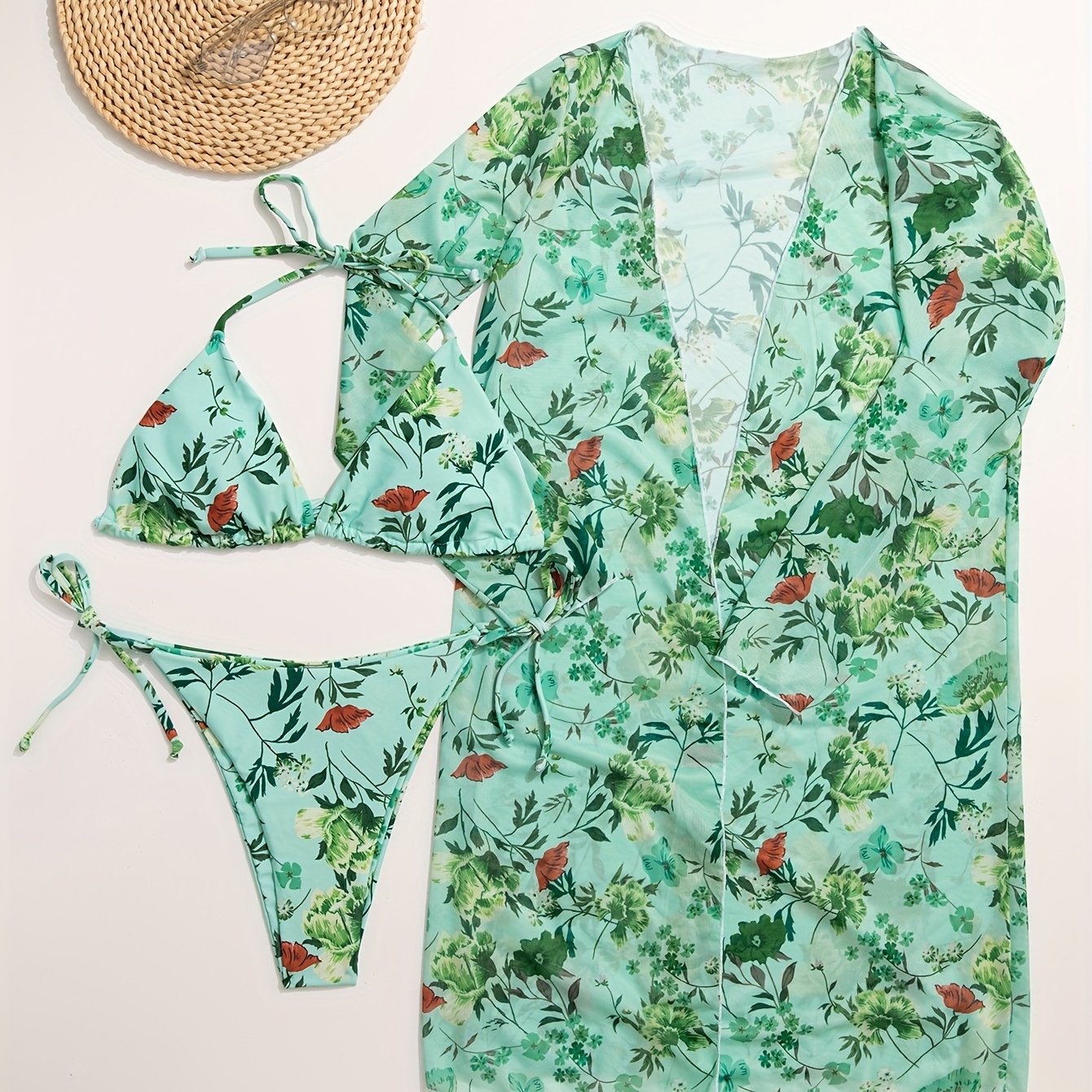 Bikini European Style Floral Print 3 Piece Swimsuit Set for Women – Sexy V Neck Bikini with Cross Strap Detail and Matching Long Sleeve Cover-Up – High Stretch Trendy Swimwear for Summer Beach Vacations Resort Looks and Poolside Fashion