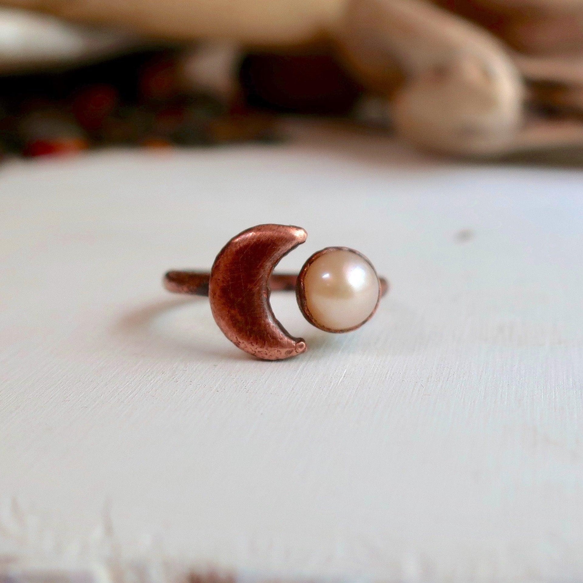 Copper Pearl Moon Open Ring Grounded Grace Calm | By Blackbird & Sage