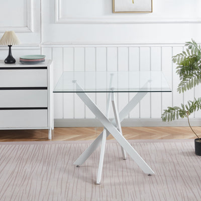 Dining Table with cross metal leg and tempered glass,Modern Space Saving Kitchen Table for Living Room,white legsSquare table,90x90x75cm