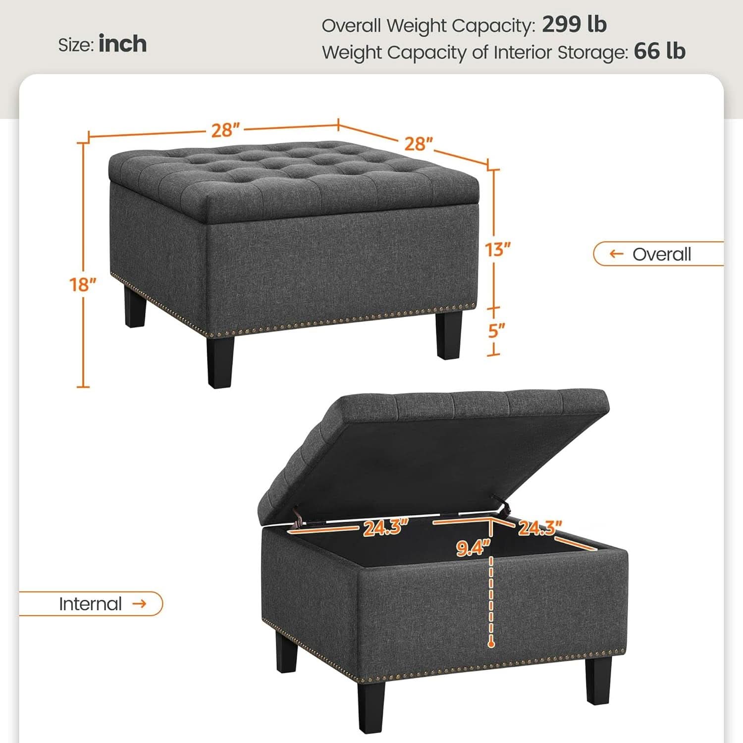 28 Inch Entryway Ottoman Bench Charcoal With Storage