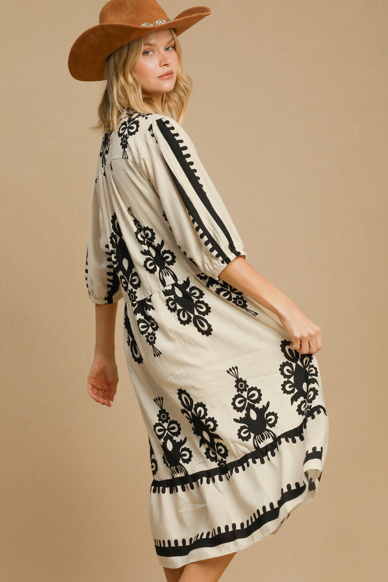 Vintage Cream Printed Midi Dress Timeless & Elegant Dress For Women Classic Design Dress
