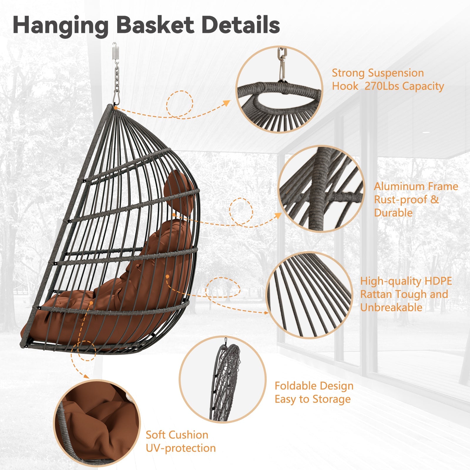 Outdoor Garden Rattan Egg Swing Hanging Chair PE Wicker Hanging Chair for Outdoor Patio