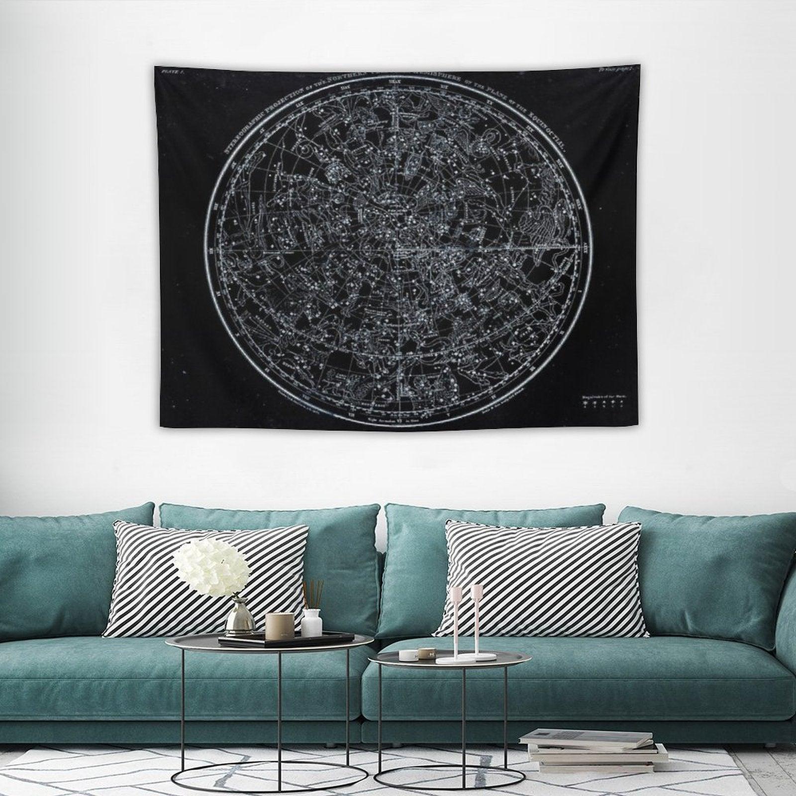 Constellations of The Northern Hemisphere  Pale Blue On Black Tapestry