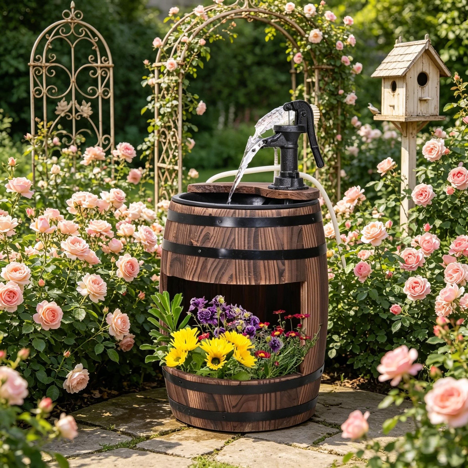 Wood and Iron Barrel Pump Fountain Planter 23 Inch
