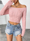 Cable-Knit Off-Shoulder Long Sleeve Knit Top - Blush Pink / XL