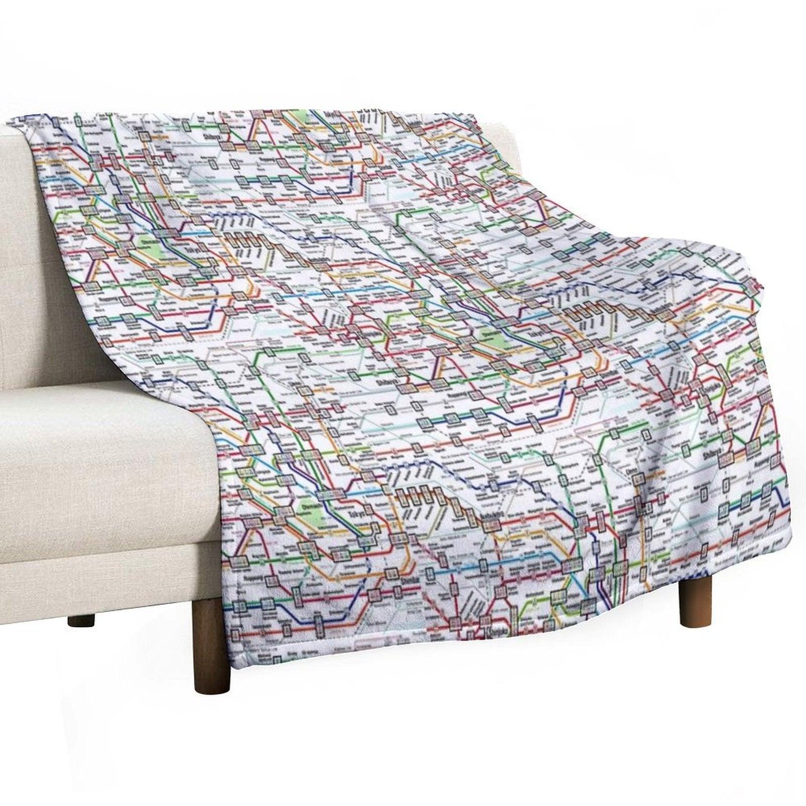 Tokyo Subway Map Clock Throw Blanket